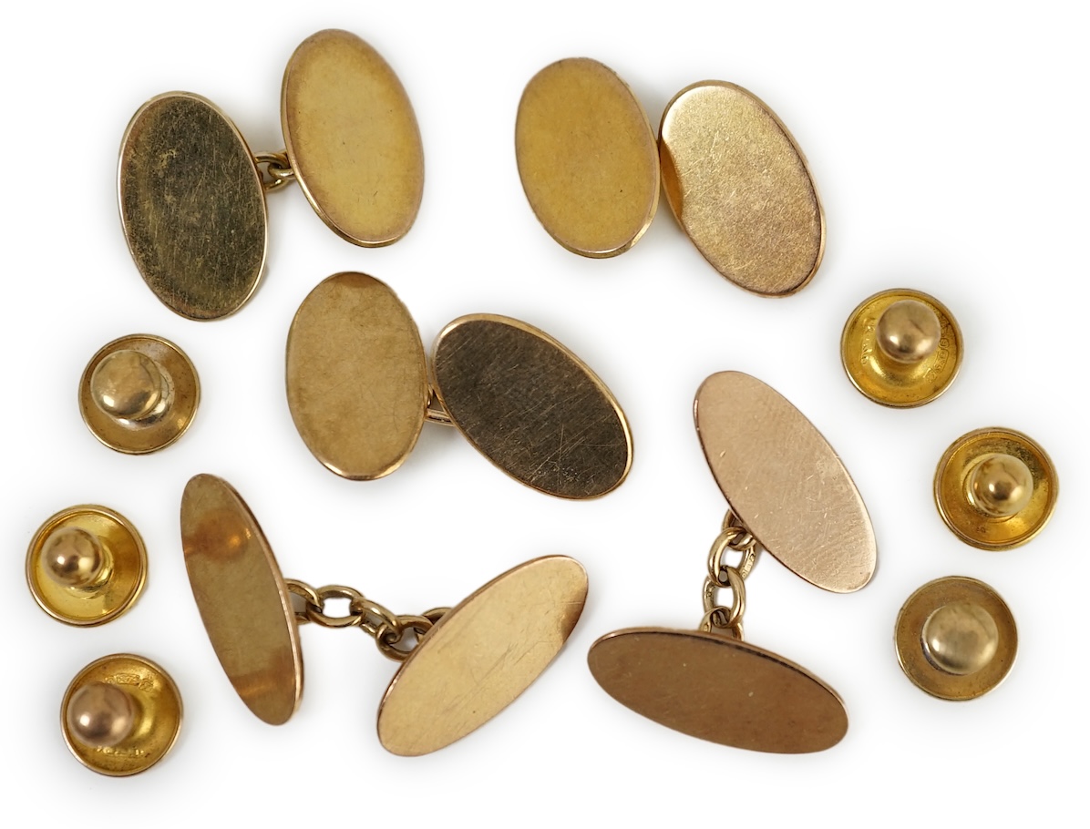 Two pairs of 9ct gold oval cufflinks, one other 9ct gold cufflink and six assorted 9ct dress studs